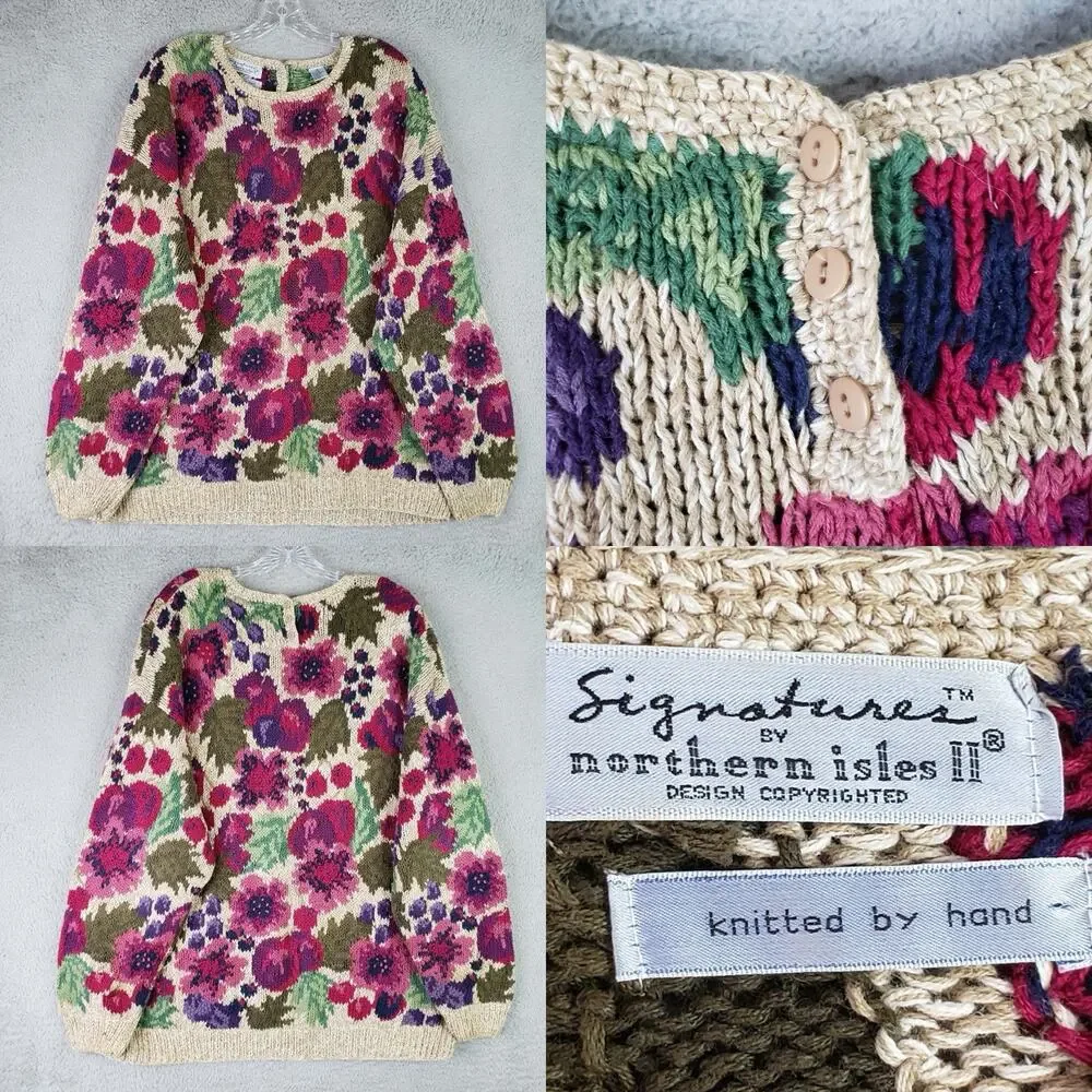 Signature by Northern Isles Vintage Floral Hand Knit Sweater Plus Size 1X